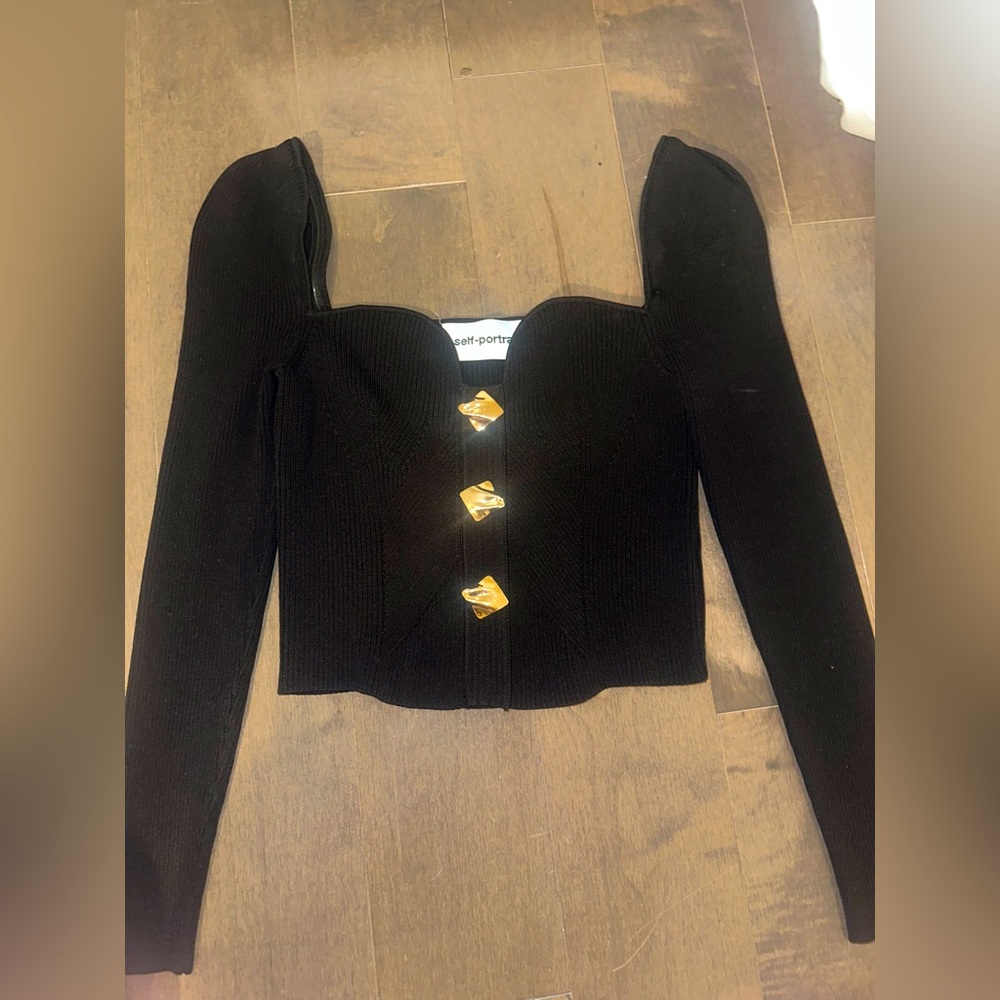Self Portrait Black Ribbed Long Sleeve, Gold Buttons